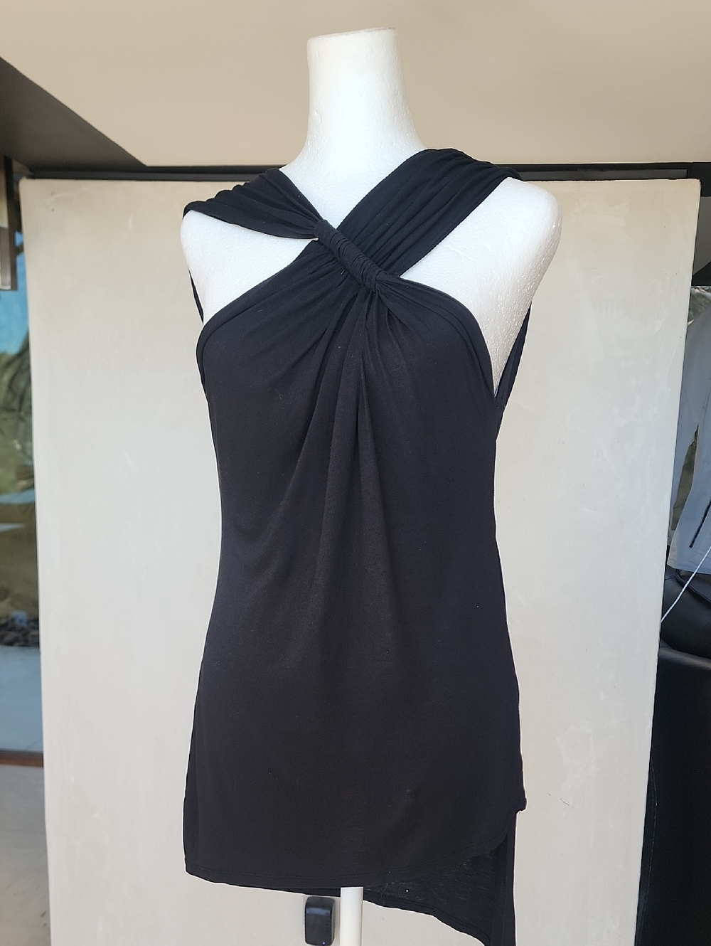 BCBGMaxAzria Black Top, Drapwd Back Assymetric Top